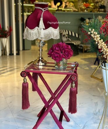 Kadife Başlıklı Abajur Bordo